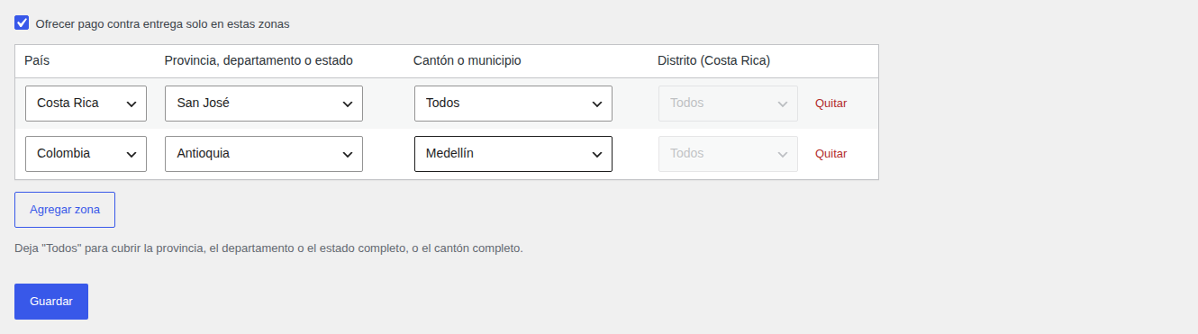 Zonas de pago contra entrega de Checkout Latino Pro