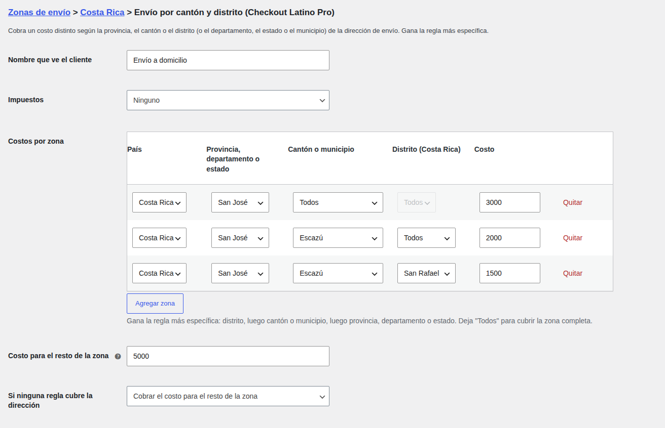 Tabla de costos por zona en los ajustes de envío de WooCommerce